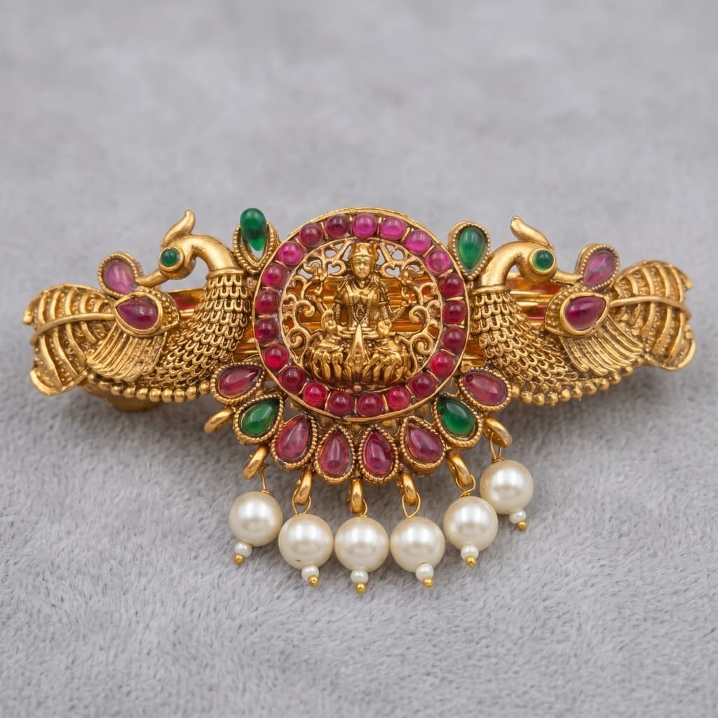 QDORA Antique Gold Peacock Lakshmi Temple Barrette image 1