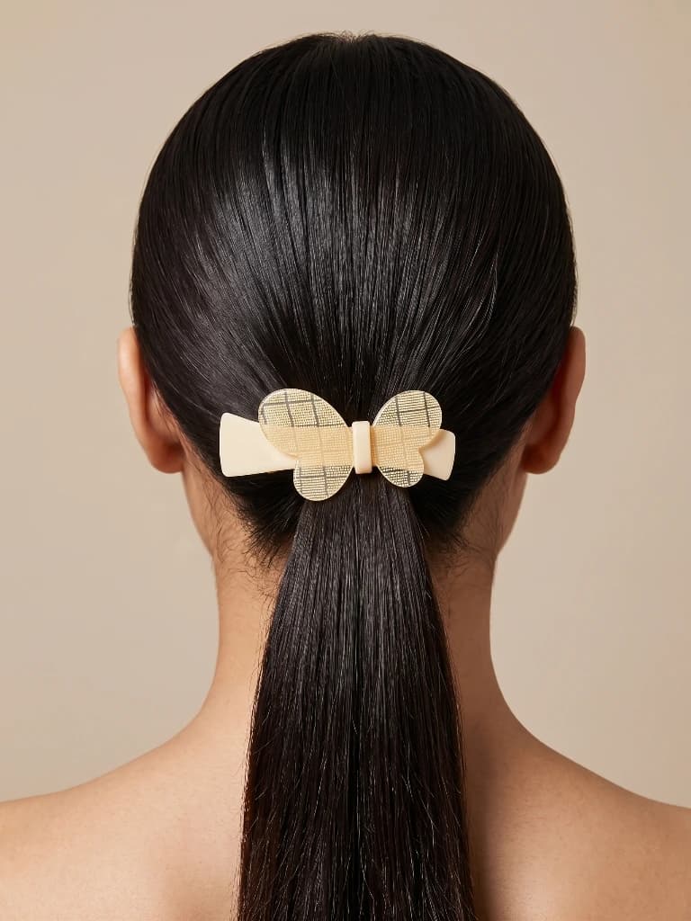 QDORA Beige Checkered Butterfly French Barrette image 2