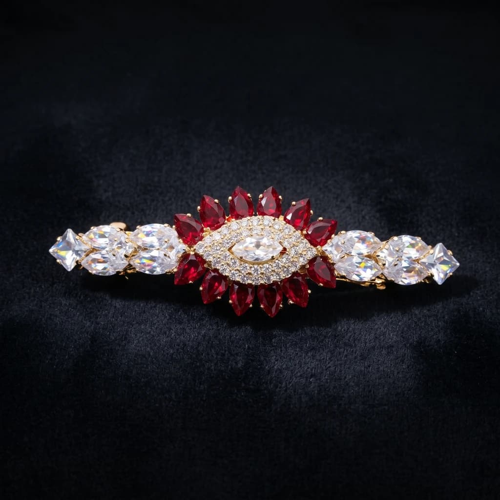 QDORA Gold Red Crystal Floral Barrette image 1