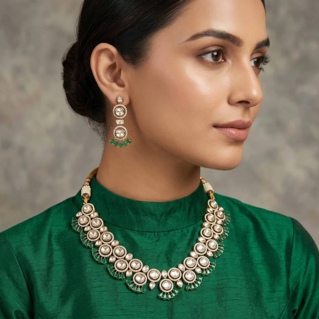 Emperor Emerald Kundan Necklace and Earring Set image 2