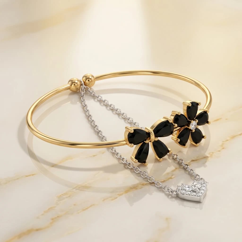 Gold Black Floral Heart Chain Bangle image 1