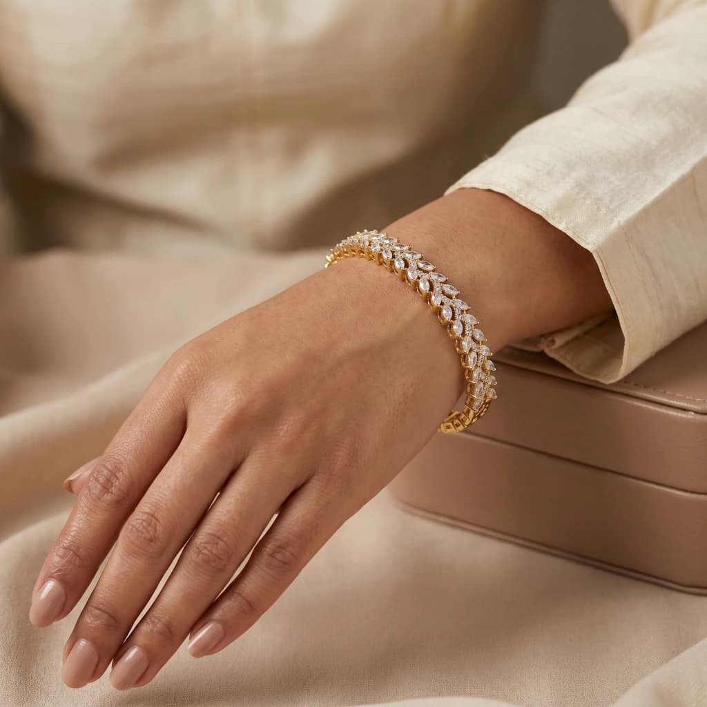 Gold White Stone Floral Leaf Cuff image 2