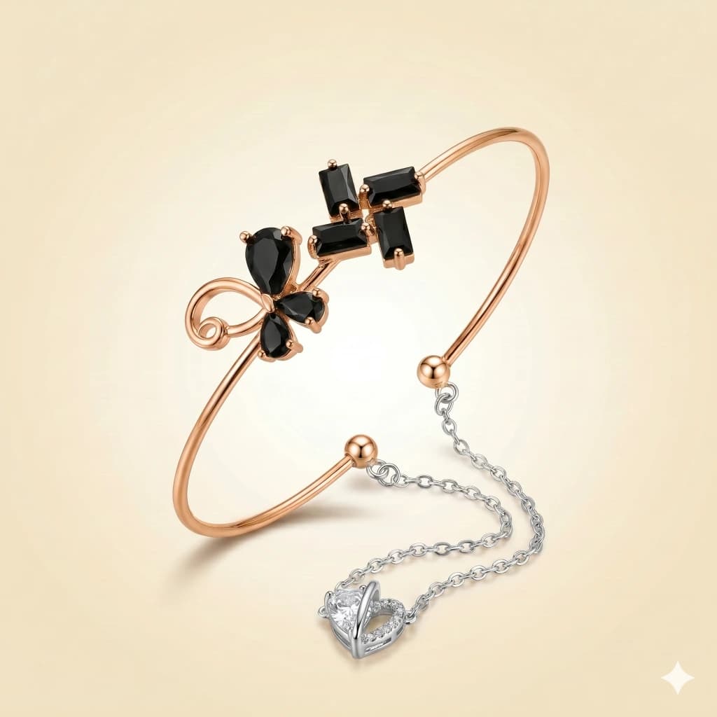 Rose Gold Black Stone Heart Cuff image 1