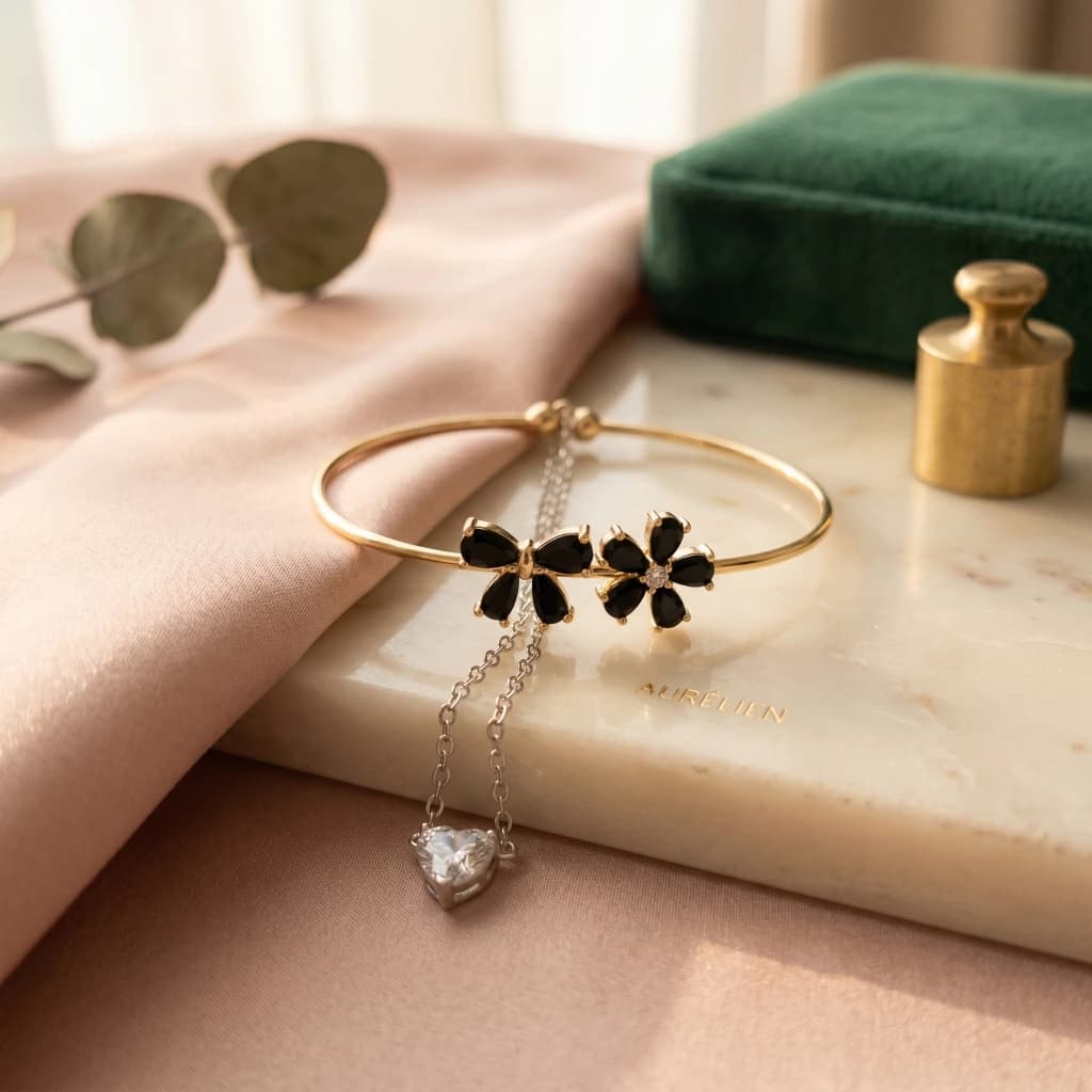 Gold Black Floral Heart Chain Bangle image 3