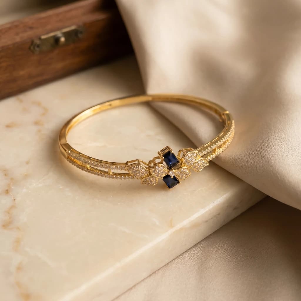 Gold Sapphire Blue Stone Openable Bangle image 3