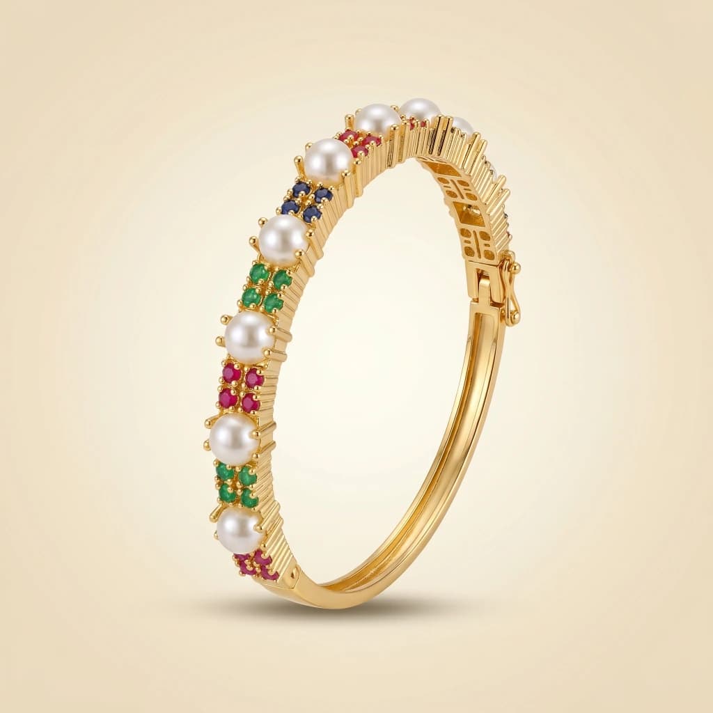 Gold Pearl Multicolor Stone Openable Bangle image 1
