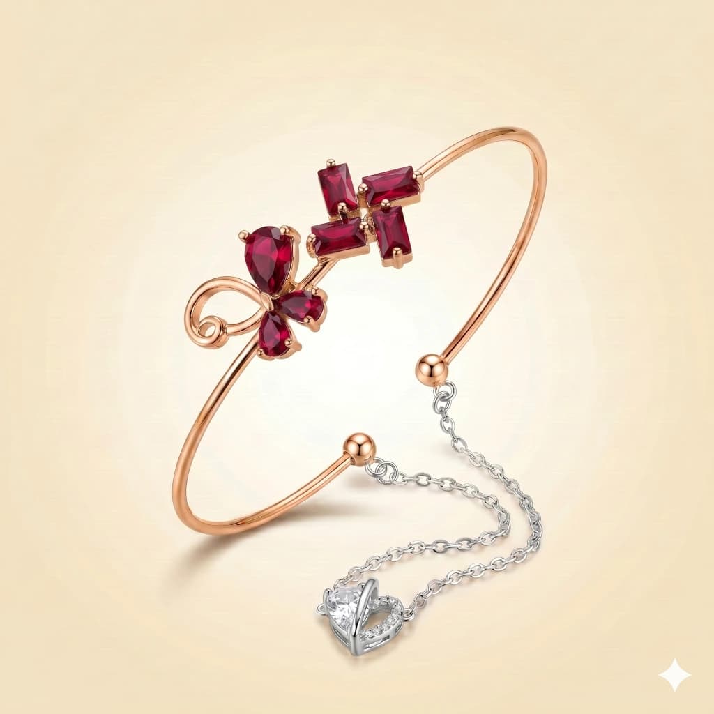 Rose Gold Ruby Red Stone Heart Cuff image 1