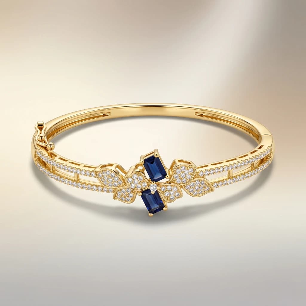 Gold Sapphire Blue Stone Openable Bangle image 1