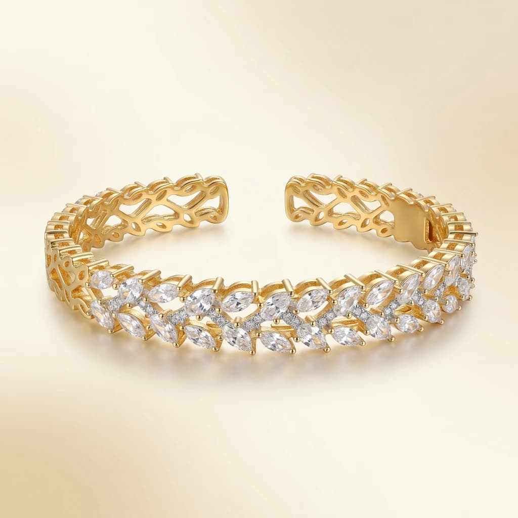 Gold White Stone Floral Leaf Cuff image 1