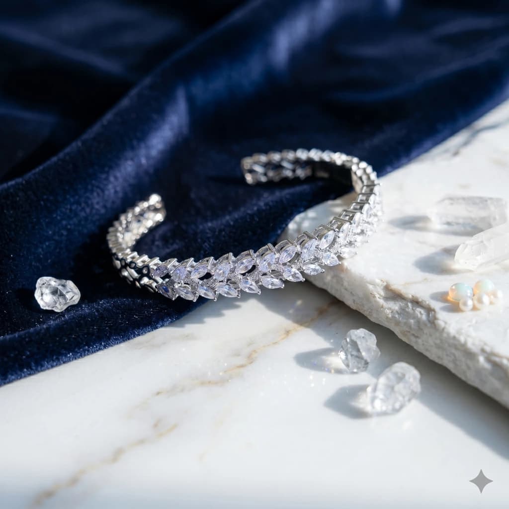 Silver White Stone Floral Leaf Cuff image 1