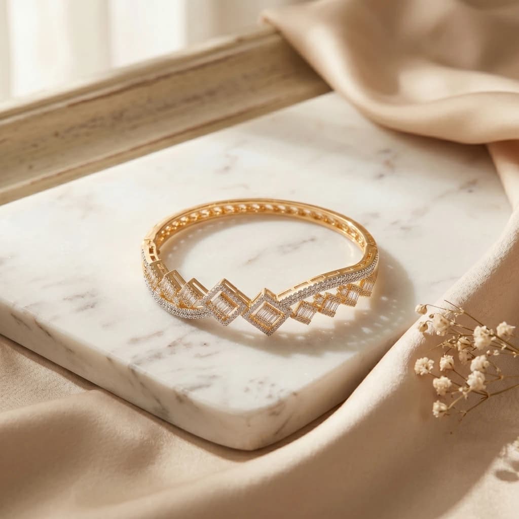 Gold Geometric Square Stone Openable Bangle image 3