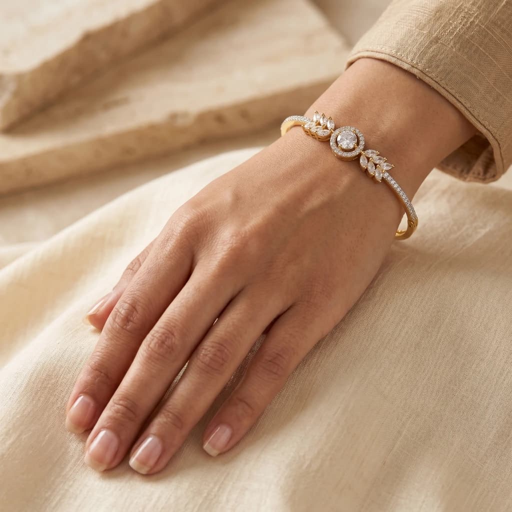 Gold White Stone Leaf Openable Bangle image 1