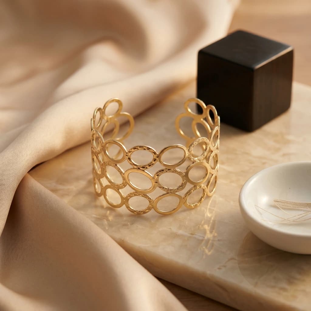Gold Abstract Oval Cutout Broad Cuff image 3