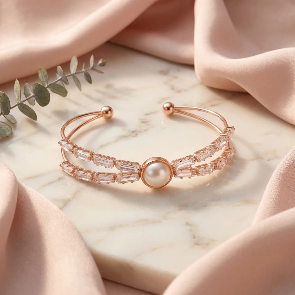 Rose Gold Pearl Baguette Open Cuff image 3