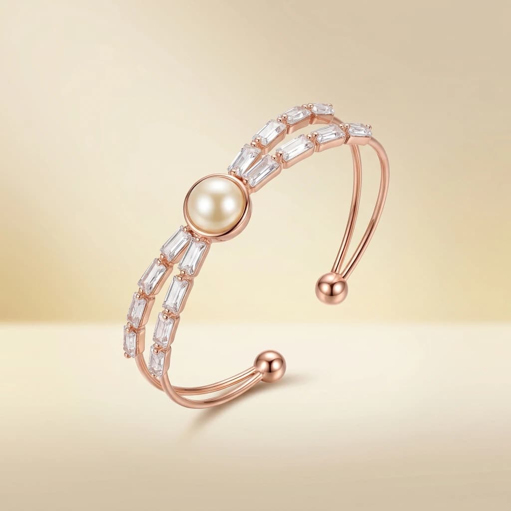 Rose Gold Pearl Baguette Open Cuff image 1