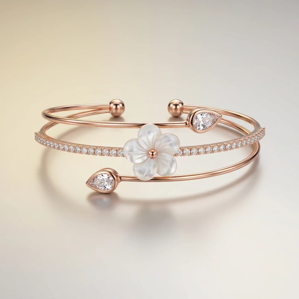 Rose Gold Flower Stone Cuff Bangle image 1