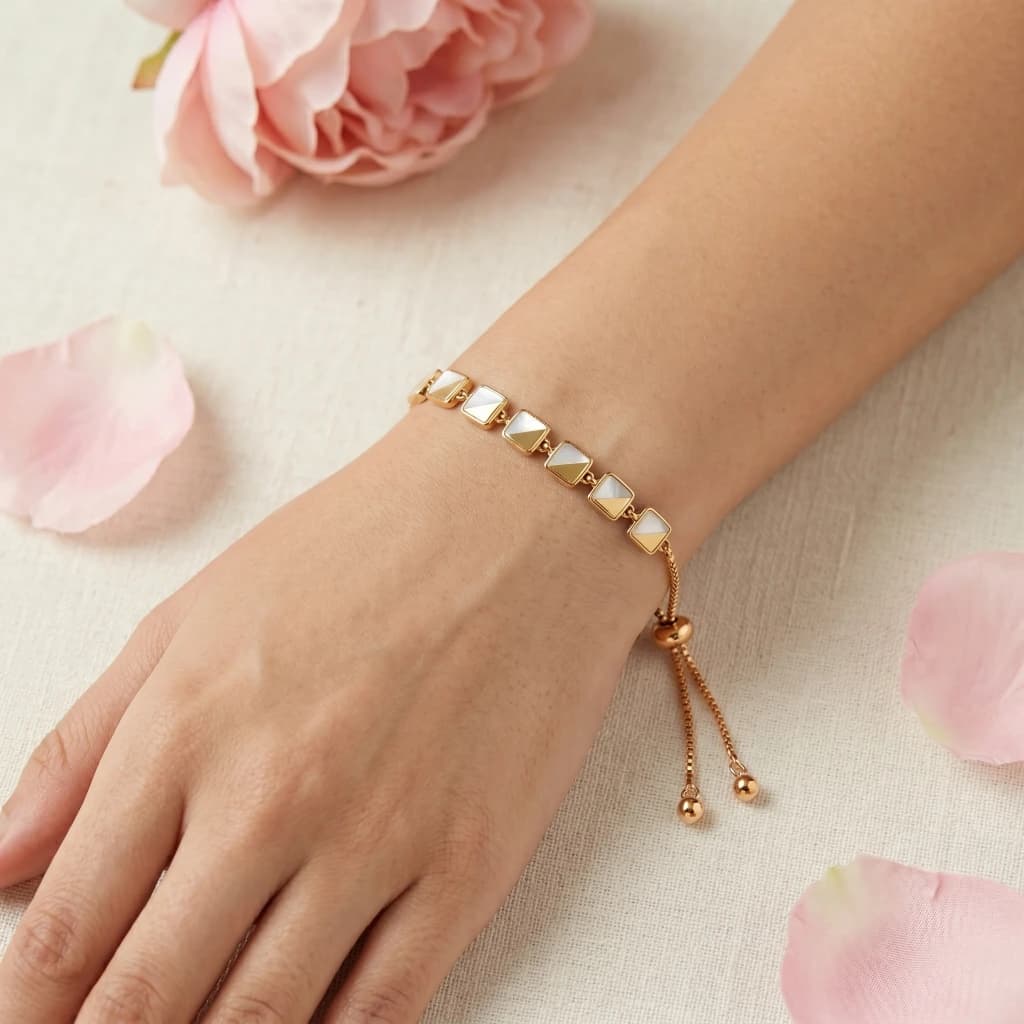Gold Geometric White Inlay Slider Bracelet image 1