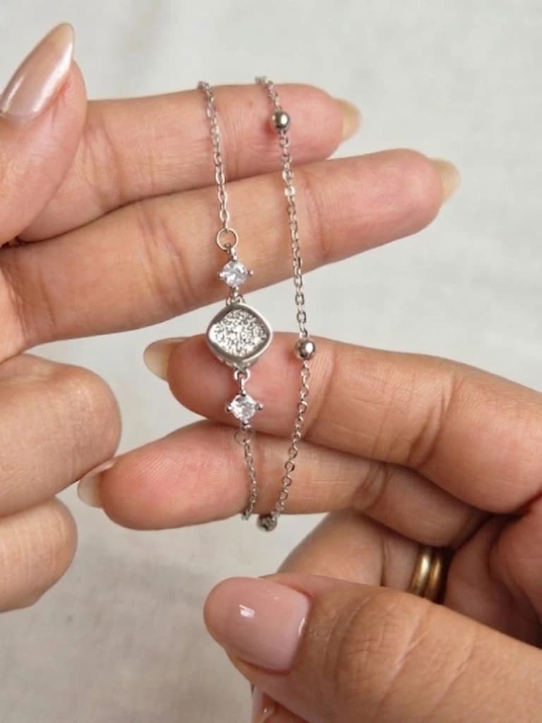 Silver Double Chain Pave Square Bracelet image 1