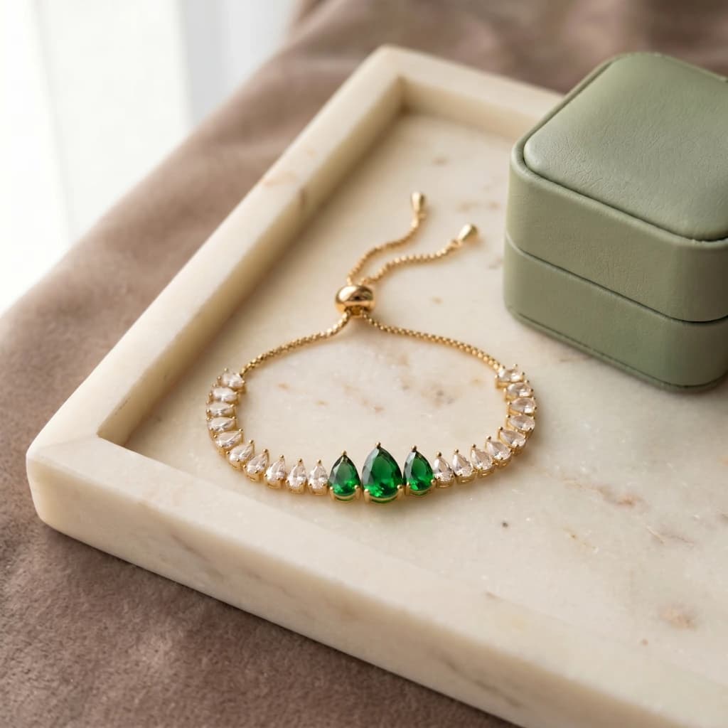 Gold Green and White Teardrop Slider Bracelet image 3