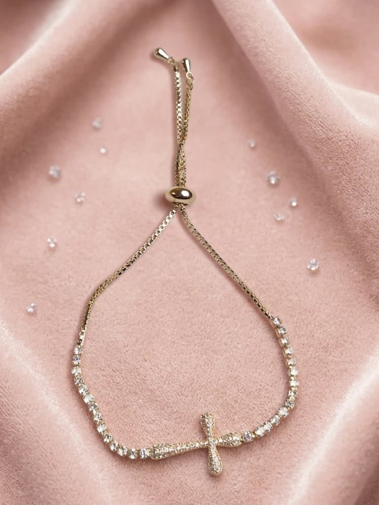 Rose Gold White Stone Cross Slider Bracelet image 1