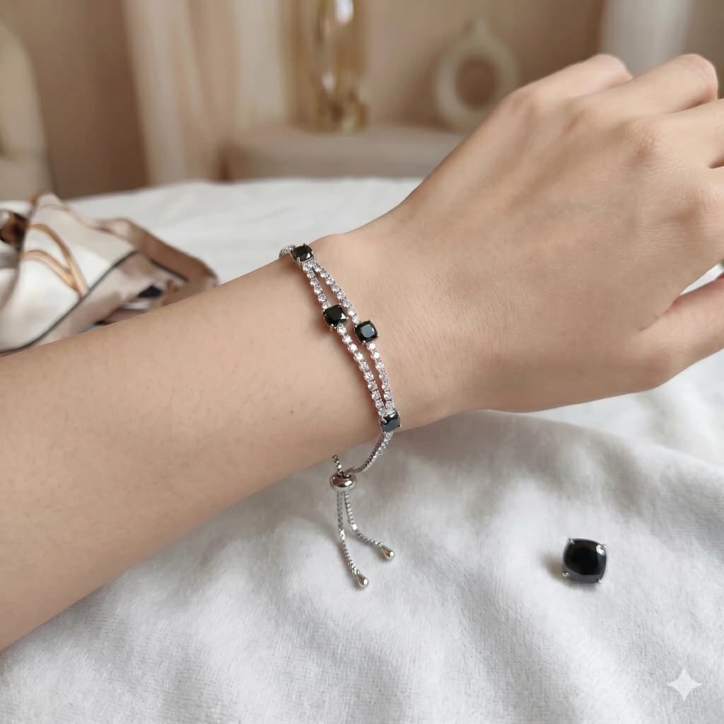 Silver Black and White Stone Slider Bracelet image 2