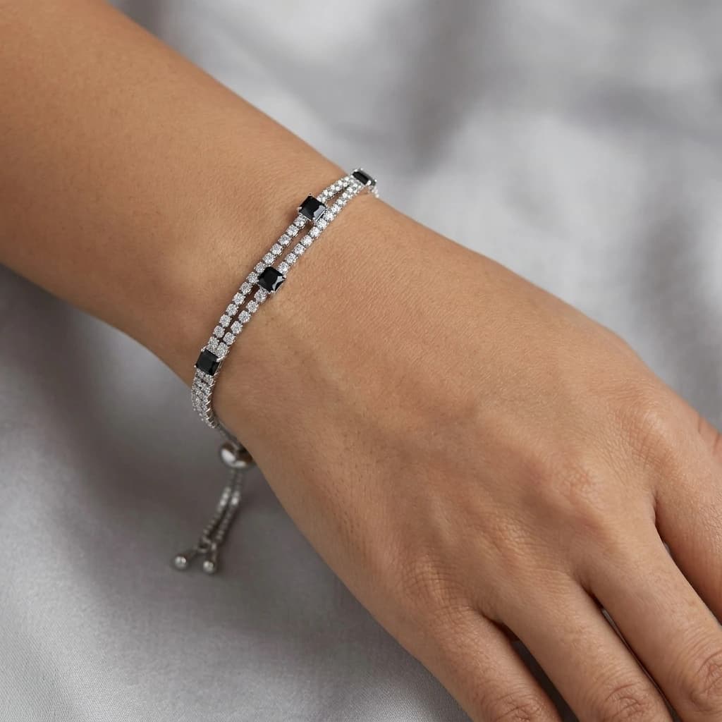 Silver Black and White Stone Slider Bracelet image 1