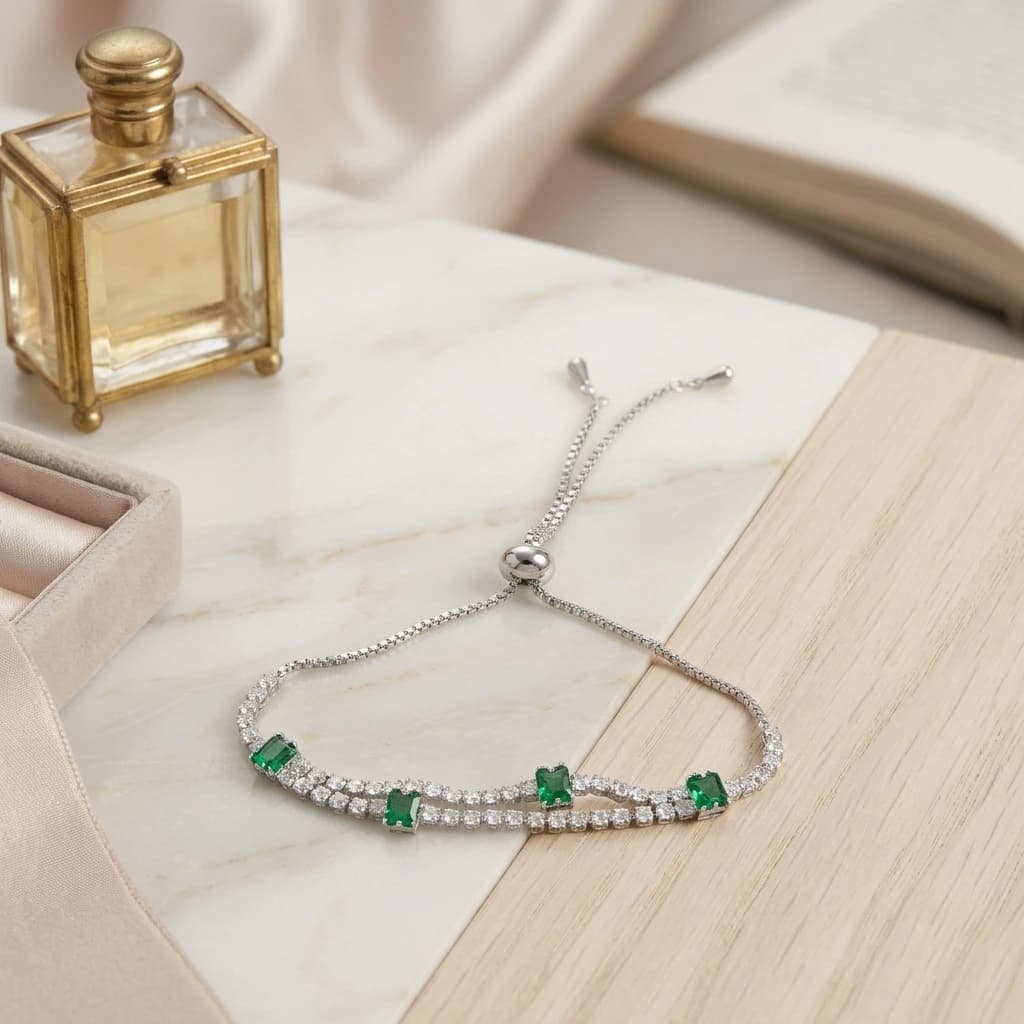 Silver Double Strand Green White Stone Slider Bracelet image 1