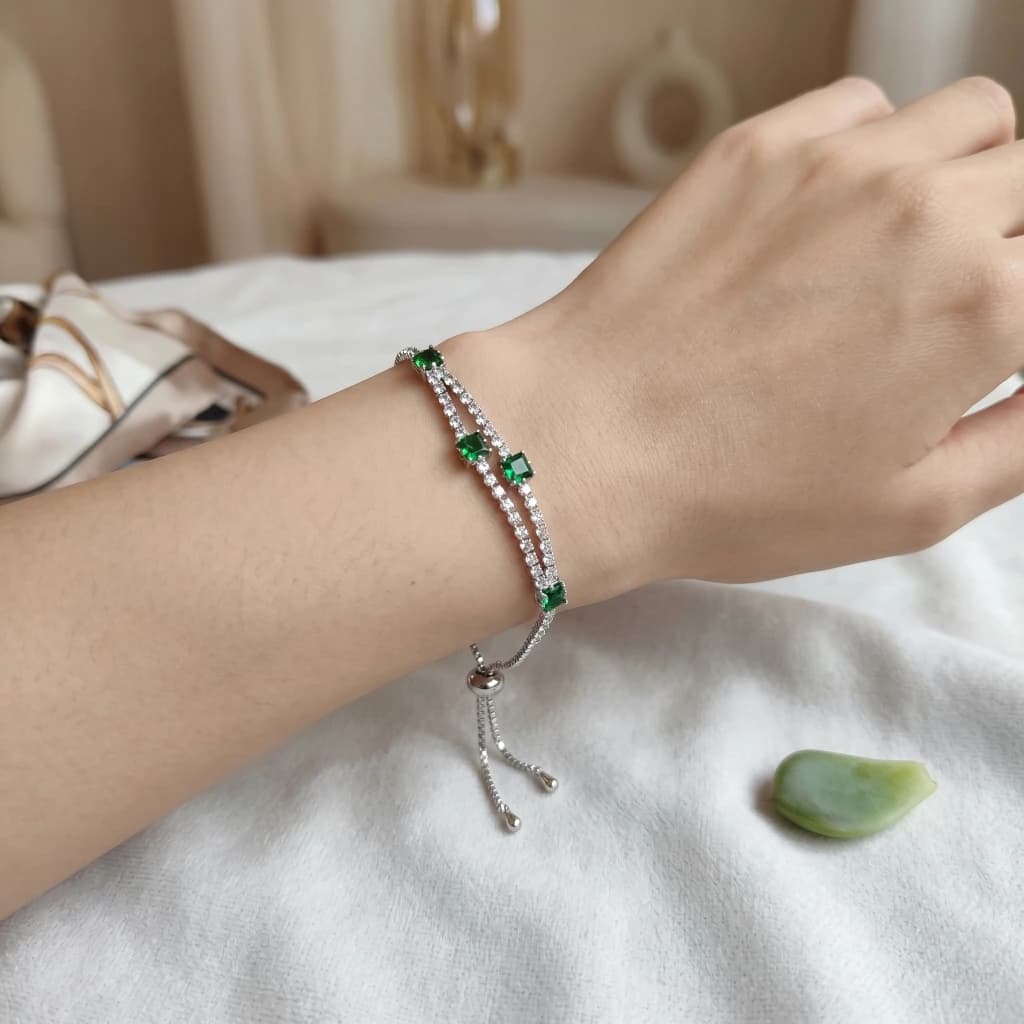 Silver Double Strand Green White Stone Slider Bracelet image 4