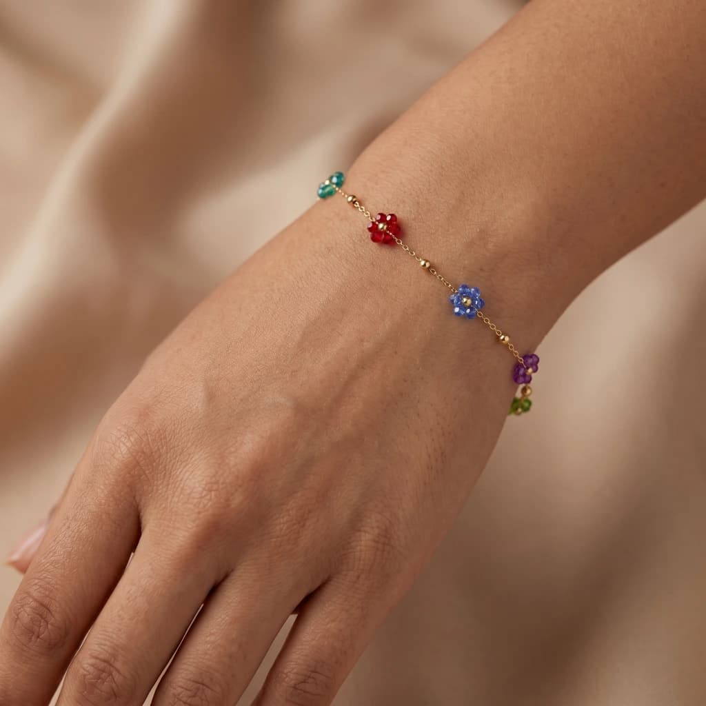 Gold Multi-Color Crystal Flower Charm Bracelet image 1