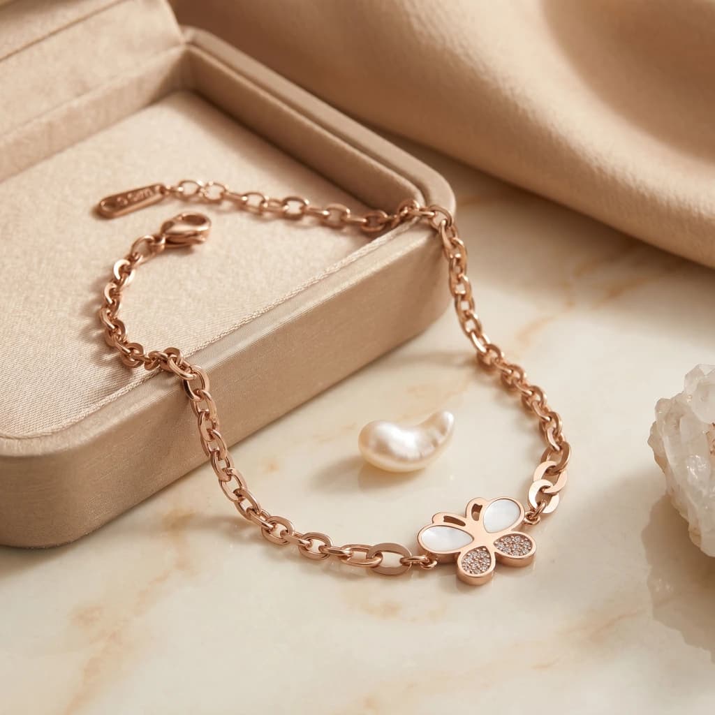 QDORA Rose Gold Butterfly White Stone Link Bracelet image 1