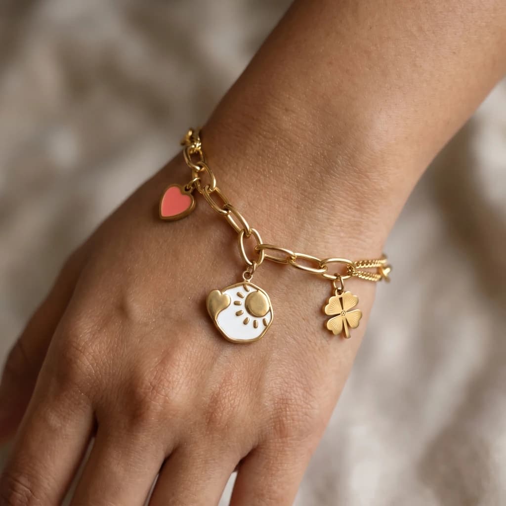 QDORA Gold Heart Sun Clover Charm Chain Bracelet image 1