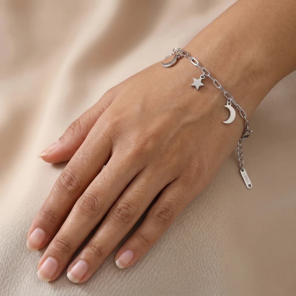 QDORA Silver Star and Moon Charm Chain Bracelet image 1