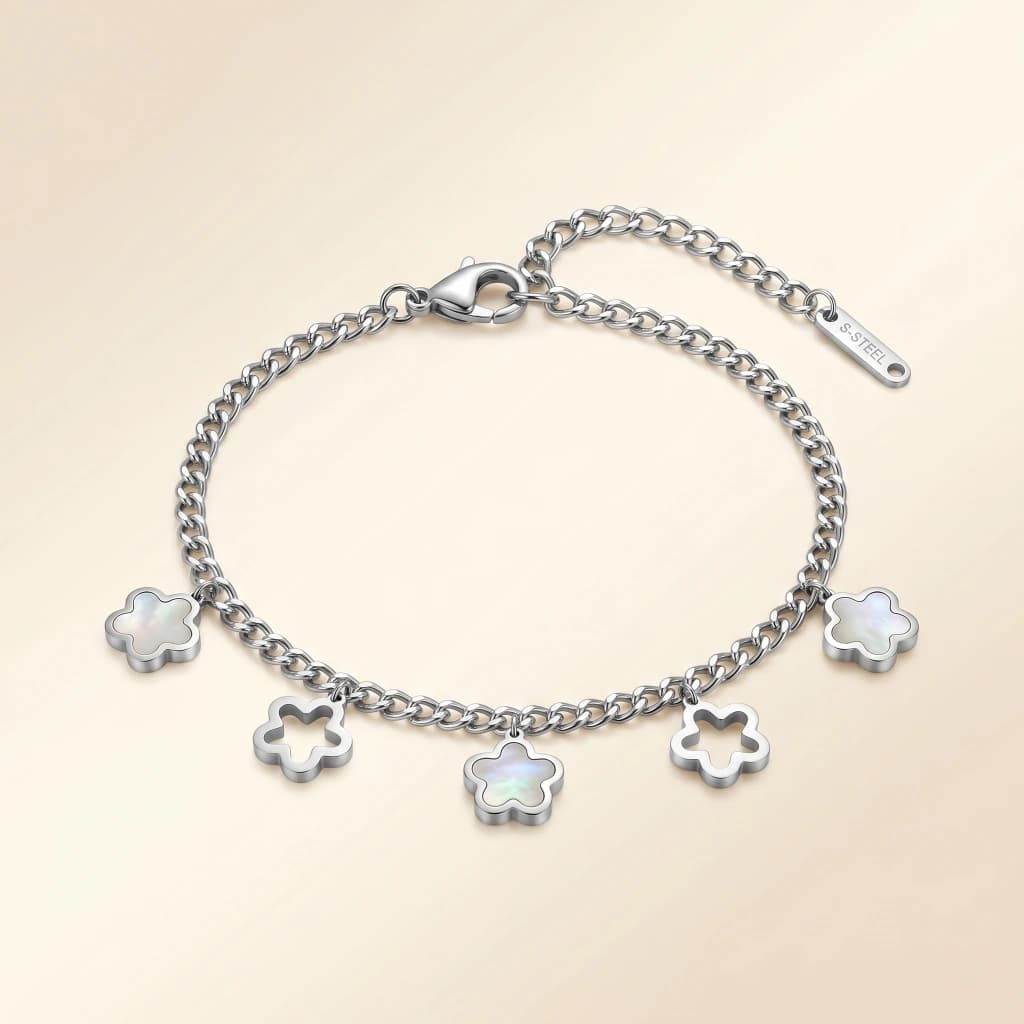 QDORA Silver Flower Pearlescent Charm Chain Bracelet image 2