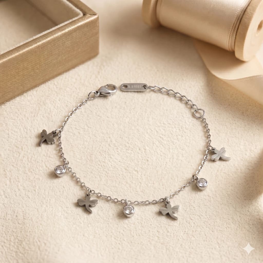 QDORA Silver Dragonfly Crystal Charm Chain Bracelet image 1