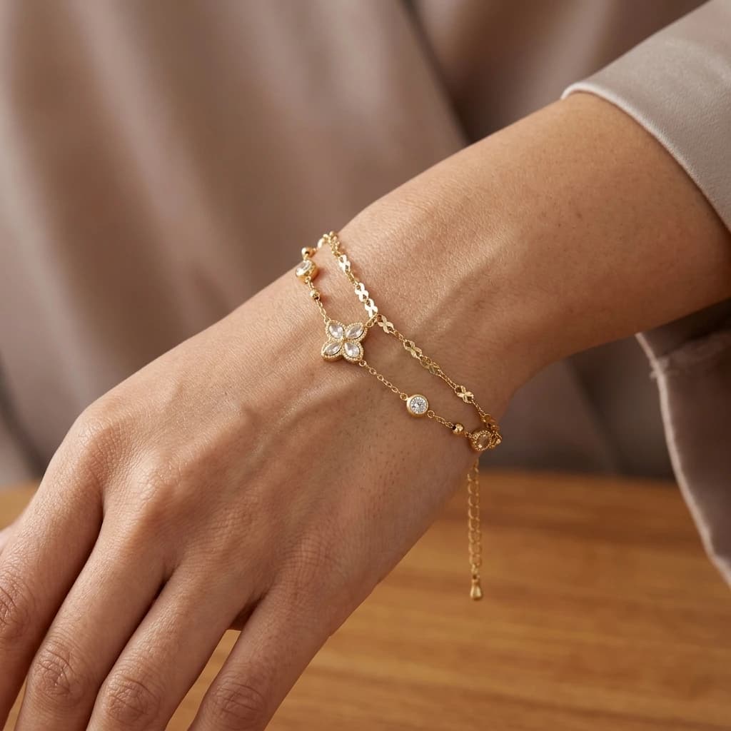 QDORA Gold White Stone Clover Double Layer Bracelet image 3