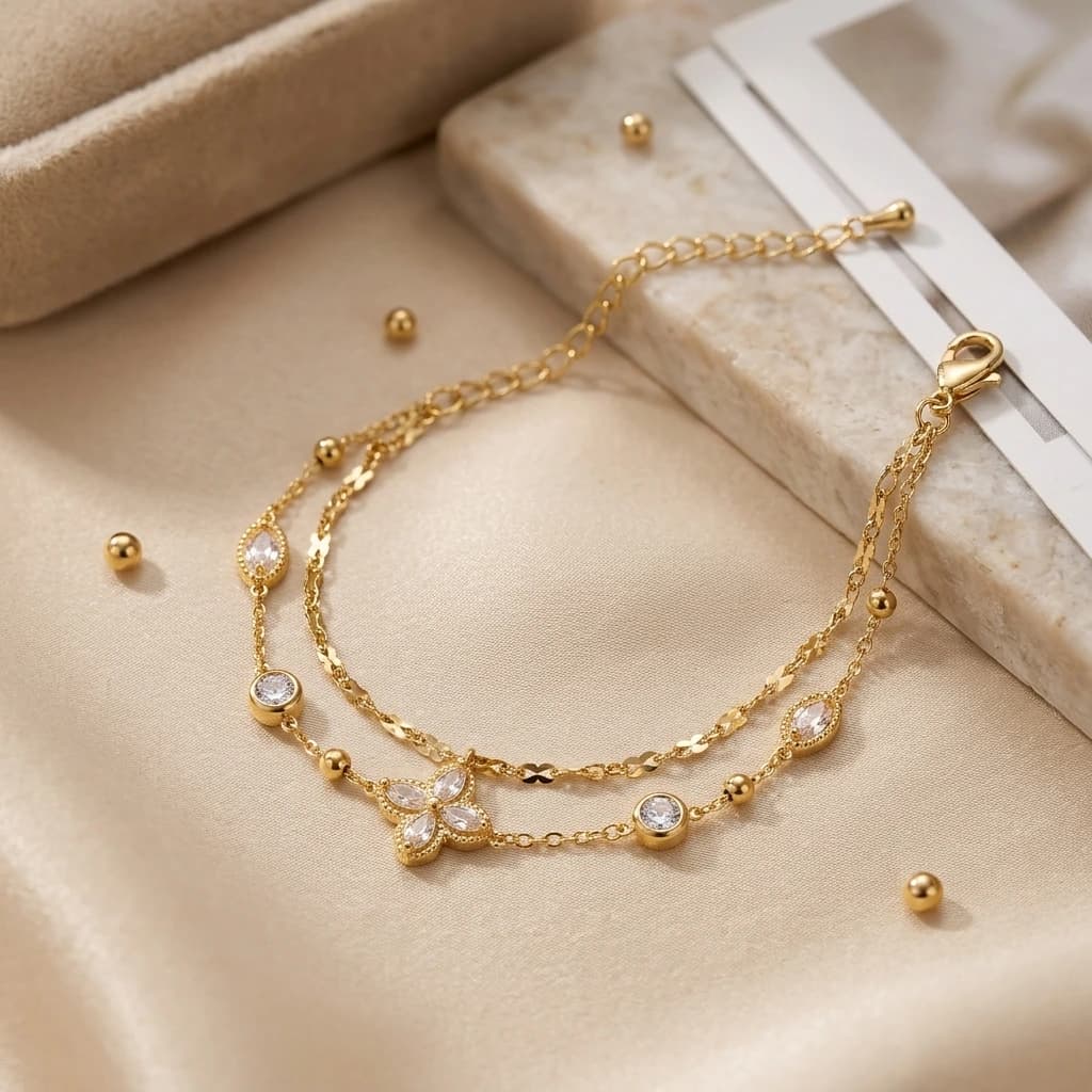 QDORA Gold White Stone Clover Double Layer Bracelet image 1