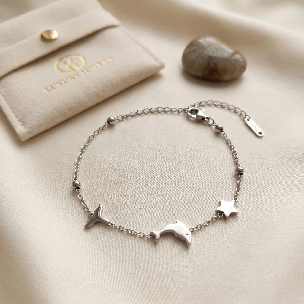 QDORA Silver Dolphin Star Charm Chain Bracelet image 3