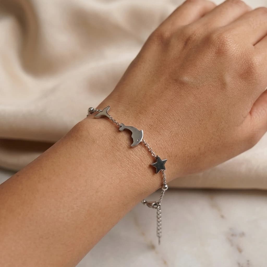 QDORA Silver Dolphin Star Charm Chain Bracelet image 1
