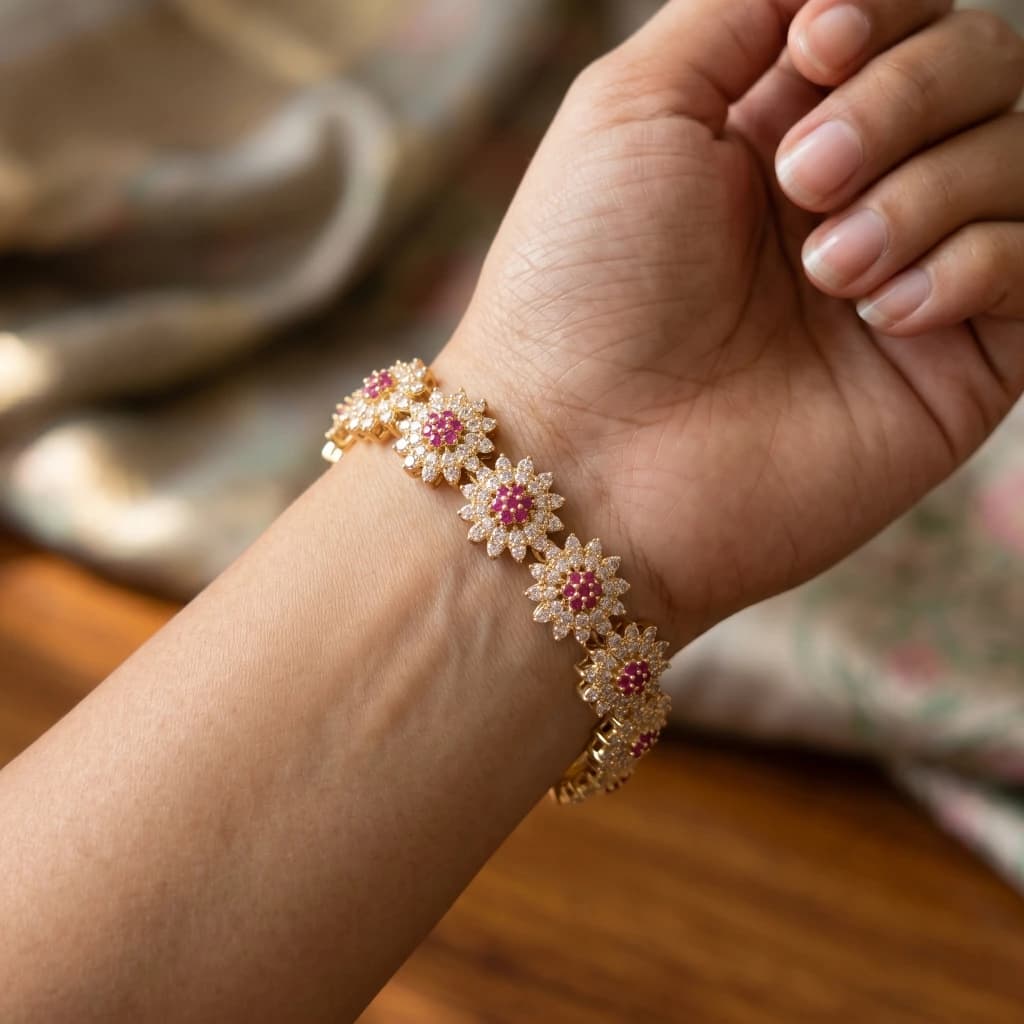 QDORA Gold Pink and White Floral Crystal Link Bracelet image 2