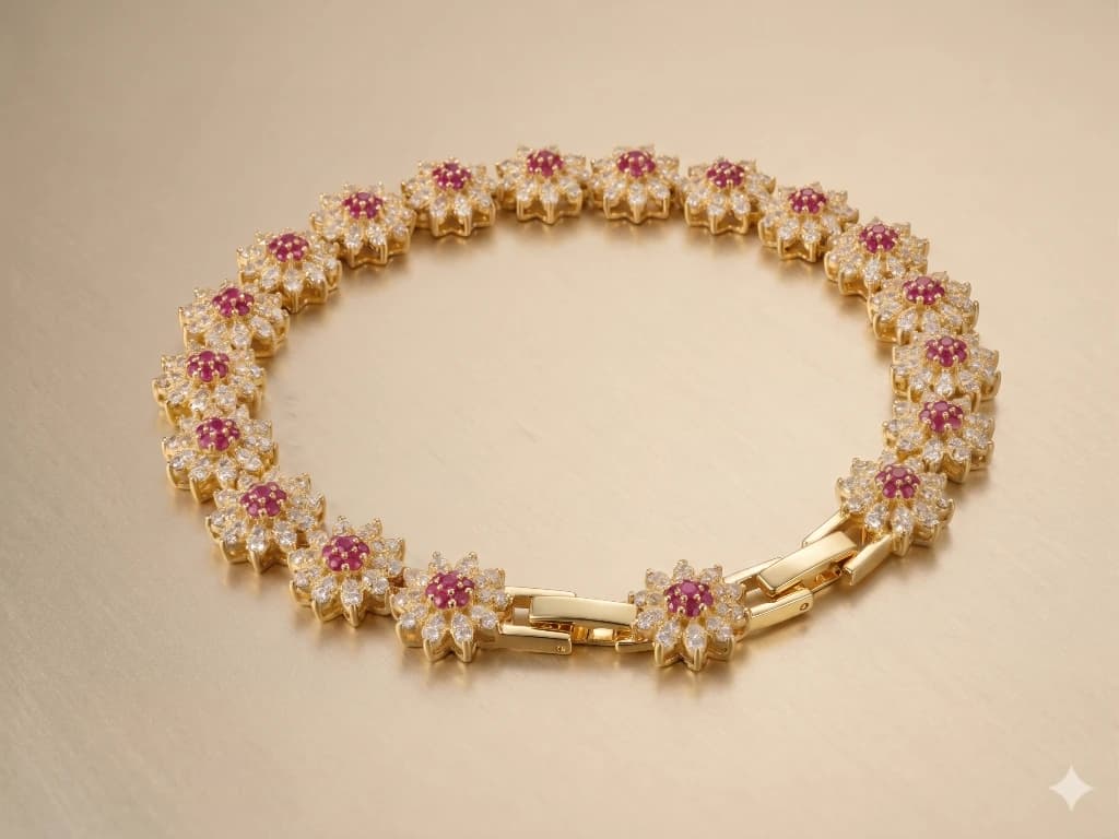 QDORA Gold Pink and White Floral Crystal Link Bracelet image 1