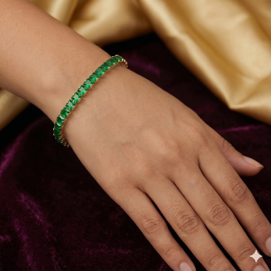 QDORA Gold Emerald Green Square Tennis Bracelet image 1