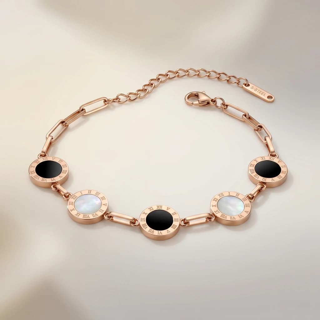 QDORA Rose Gold Roman Numeral Black White Link Bracelet image 1