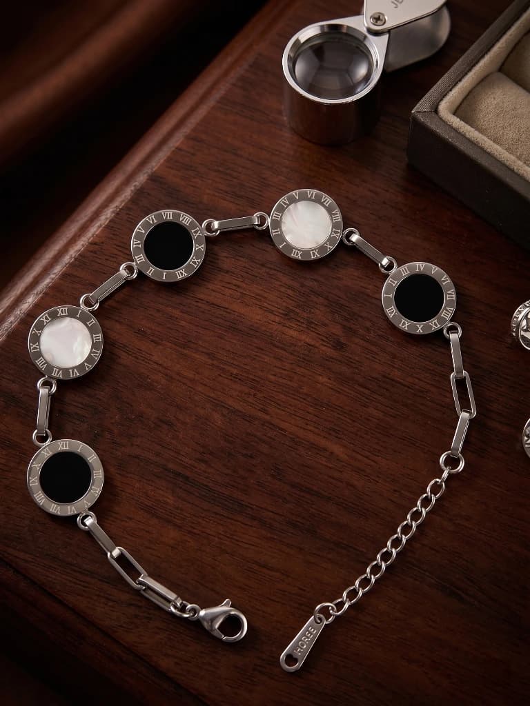 QDORA Silver Roman Numeral Black White Link Bracelet image 1
