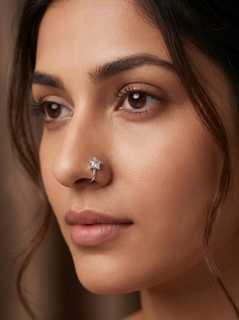 QDORA Silver Crystal Star Nose Ring Cuff image 1