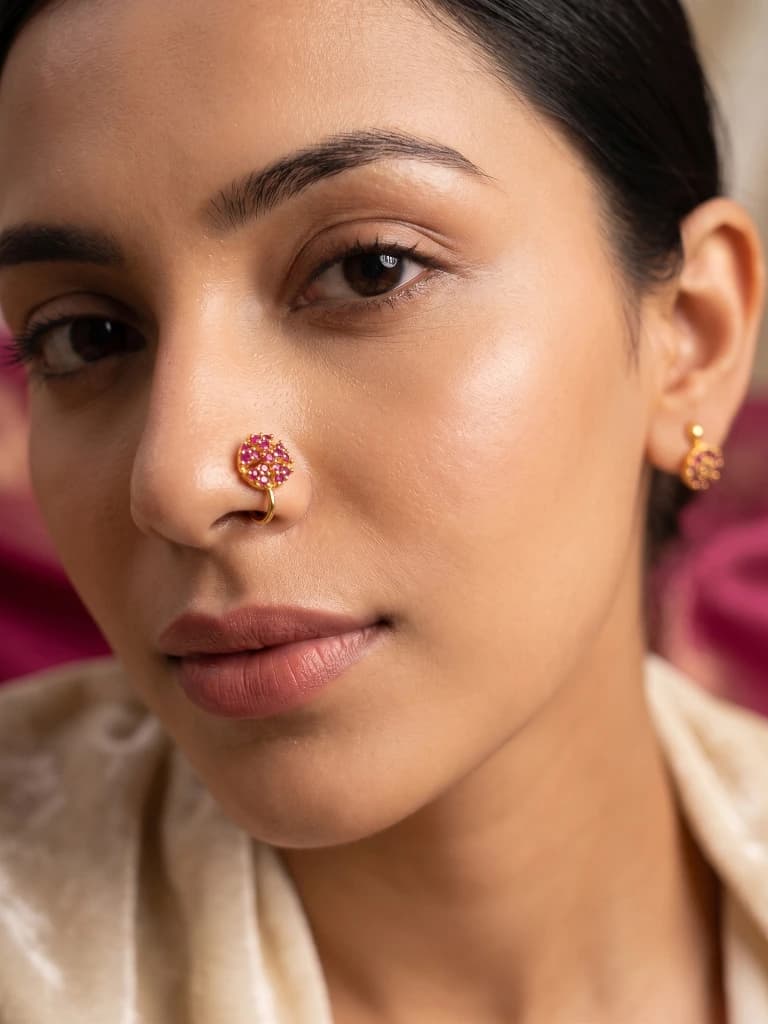 QDORA Gold Pink Stone Round Nose Ring Cuff image 1