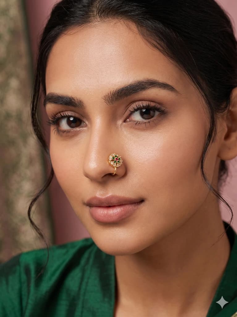 QDORA Gold Pink Green Stone Nose Ring Cuff image 1