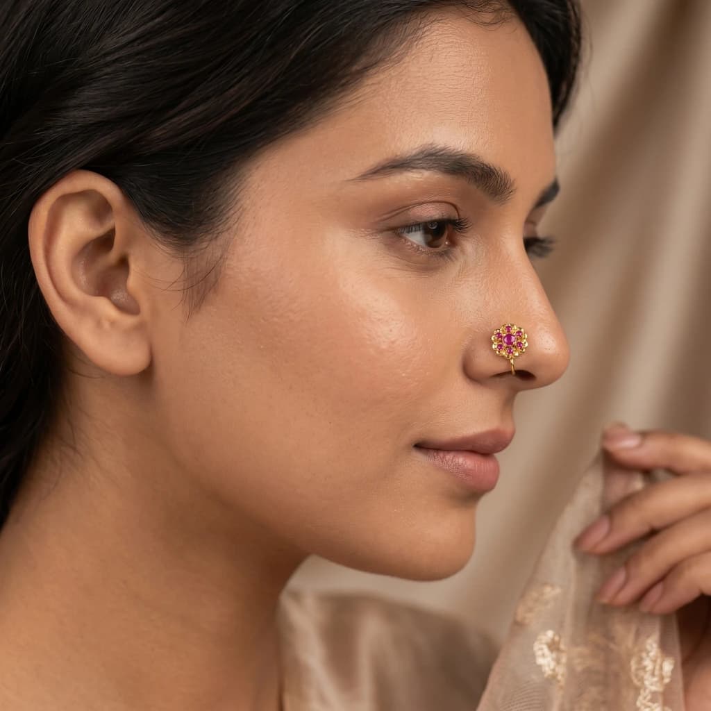QDORA Gold Pink Stone Floral Nose Ring Cuff image 1