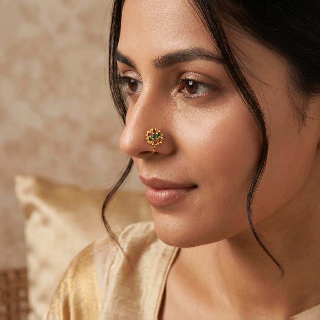 QDORA Gold Green Pink Stone Nose Ring Cuff image 1