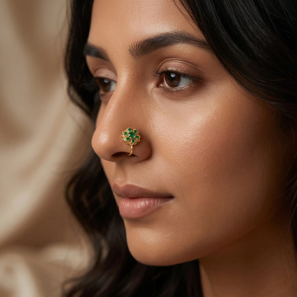 QDORA Gold Green Stone Round Nose Ring Cuff image 1