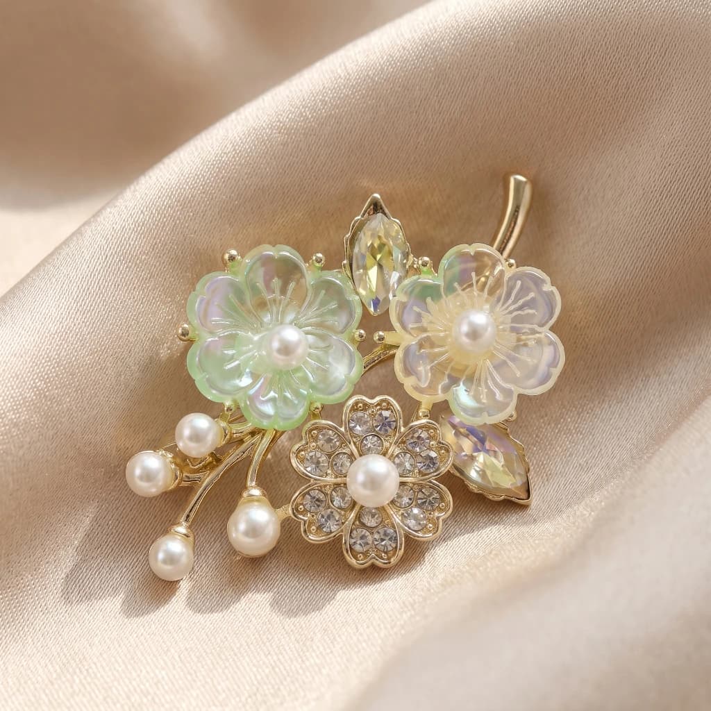 QDORA Large Gold Pearl Floral Saree Brooch image 1